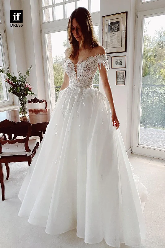 31671 - Unique Off the Shoulder Appliques Rustic Wedding Dress Vintage Style Dress