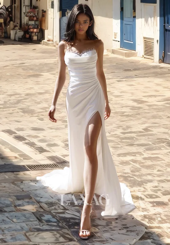 Strapless Beaded Pleated Sleek Satin High Slit Elegant Wedding Dress with Train Off-shoulder Gown