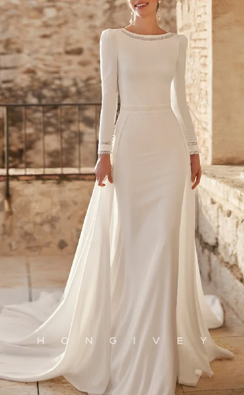 H1761 - Elegant Satin Fitted Scoop Long Sleeve Beaded With Train Wedding Dress Lace Sleeveless Dress