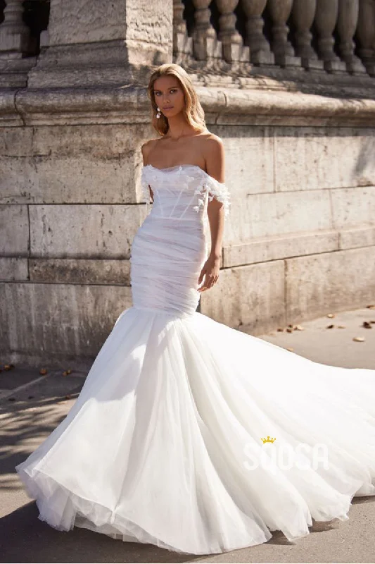 Strapless Tulle Pleats Mermaid Wedding Dress with Court Train QW2235 Modern Lace Gown