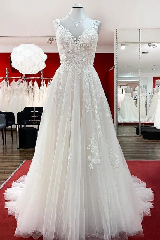 Elegant A-line Tulle V-Neck Open Back Wedding Dress With Lace Ruffles Sexy Satin Gown