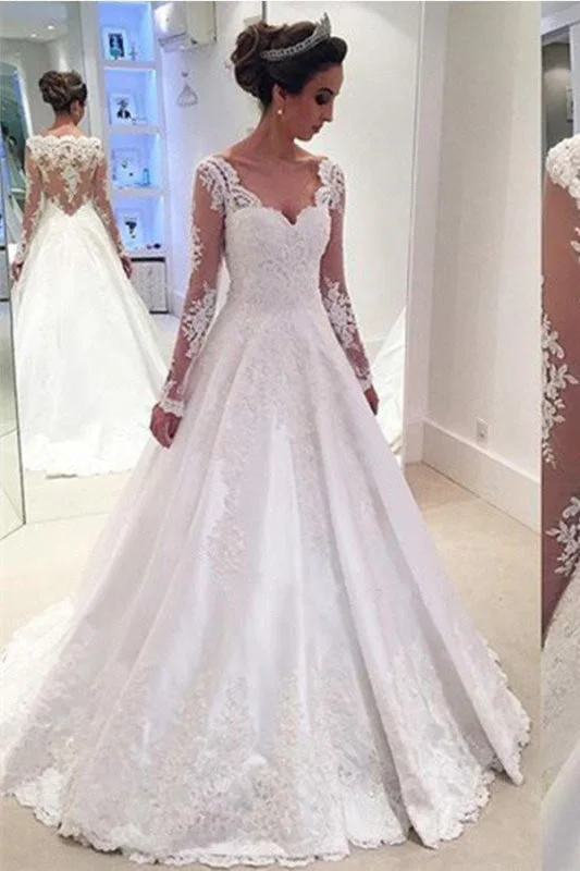 Elegant A-line V Neck Long Sleeves Wedding Dress Sleeveless Wedding Dress