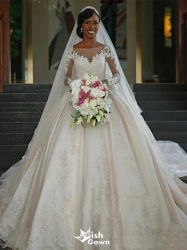 Elegant Illusion Full Sleeve Applique Ball Gown Popular Bridal Long Wedding Dresses, WDH088 Illusion Lace Gown