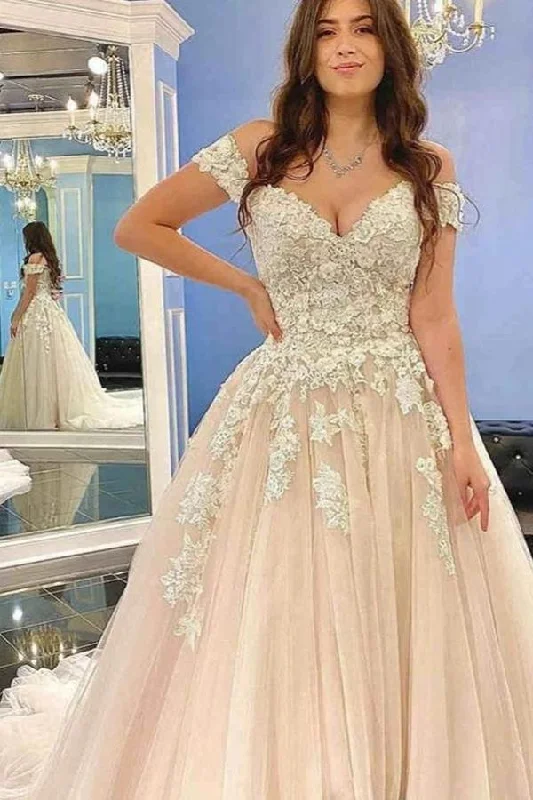 Long A-Line Off-the-Shoulder Wedding Dress with Tulle and Lace Beaded Wedding Gown