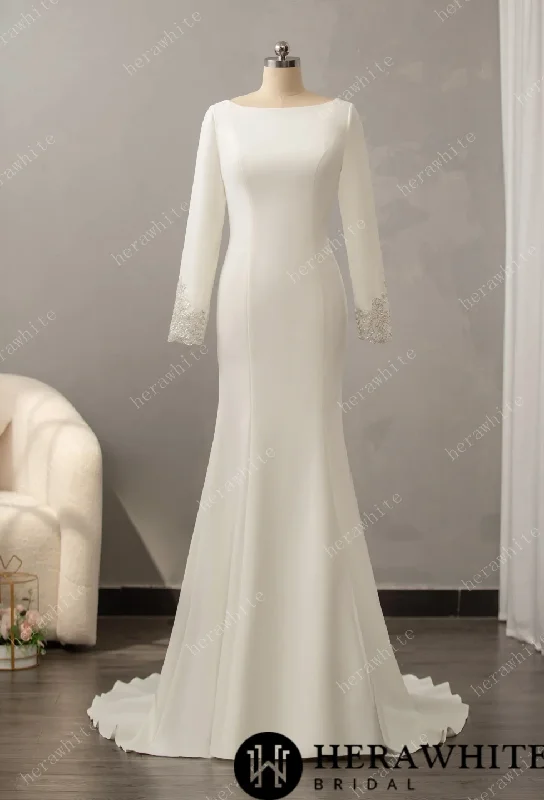 Long Sleeve Crepe Bateau Wedding Dress with Beaded Back Lace Back Wedding