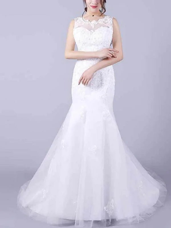 Mermaid \ Trumpet Wedding Dresses Jewel Neck Floor Length Lace Sleeveless Casual Plus Size Simple Satin Gown