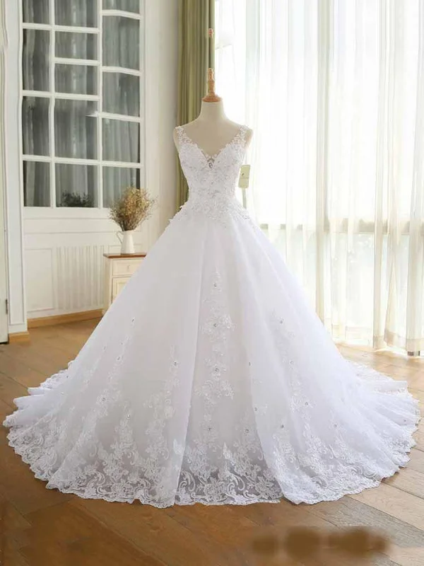 Modest V-Neck Lace-Up Wedding Dresses Satin Bridal Gown