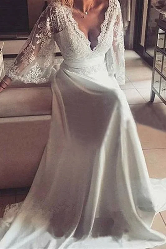 Romantic Boho V Neck Lace Appliques Chiffon Long Beach Wedding Dress Beautiful Bridal Gown