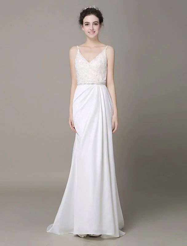 Satin Sheath Wedding Dress Plunging Neckline Bow Back Belt Lace Beading Evening Dress Milanoo Off-shoulder Gown