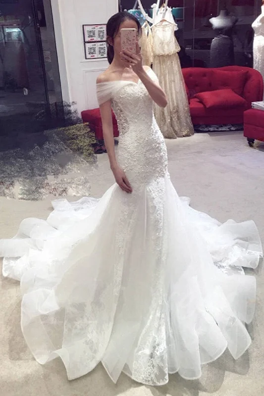 Sexy Mermaid Off-the-shoulder Chapel Train Lace Applique Bridal Dress,Wedding Gown,N547 Strapless Lace Dress