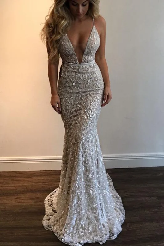 Spaghetti Straps Deep V-neck Sleeveless Mermaid Long Wedding Dresses,Prom Dress,N626 Chic Lace Dress