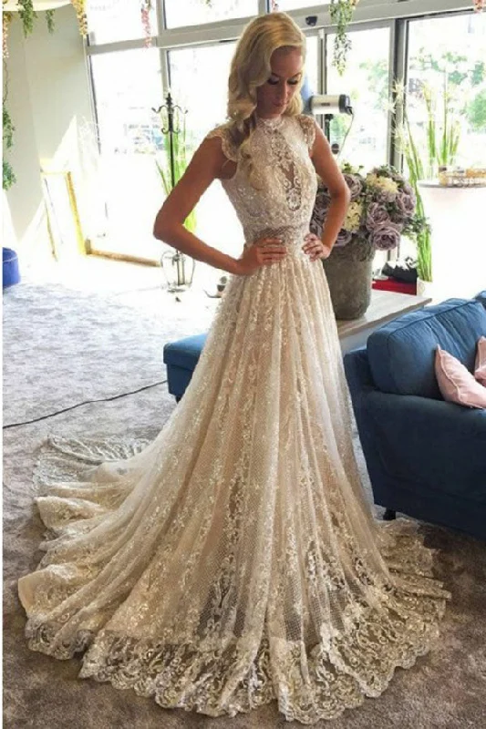 Stunning Appliques High Neck Lace Wedding Dresses with Sequins Soft Wedding Gown