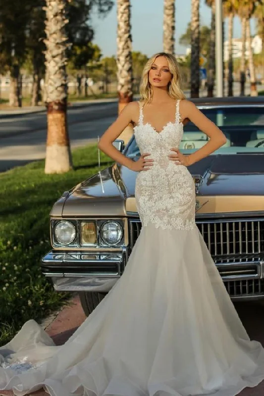 Sweetheart Backless Long Mermaid Wedding Dress With Tulle Lace Beaded Lace Wedding