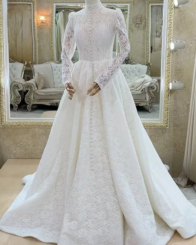 Modest Lace High Neck Long Sleeve Wedding Dress Vintage Style Dress