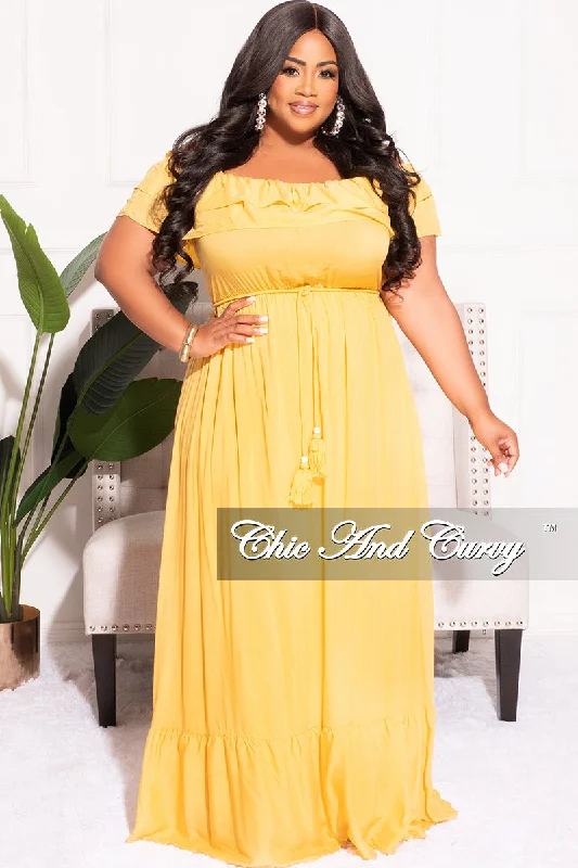 Final Sale Plus Size Off the Shoulder Ruffle Maxi Dress in Mustard Strapless maxi dresses