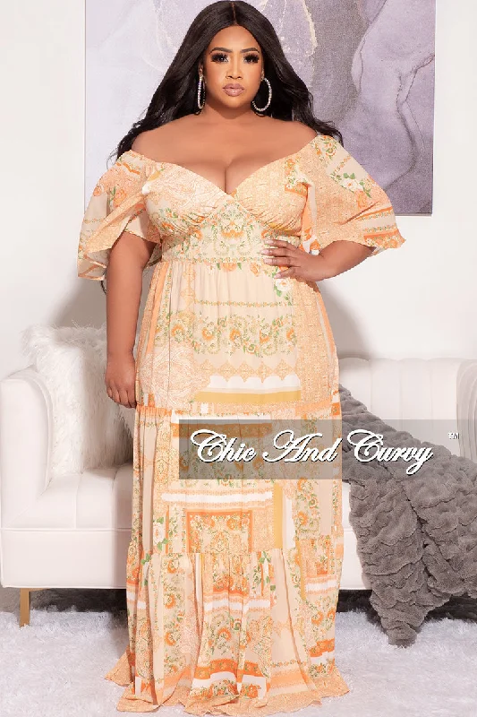 Final Sale Plus Size Off the Shoulder Deep V Maxi Dress in  Mustard Orange and Green Floral Print Ruffled maxi dresses