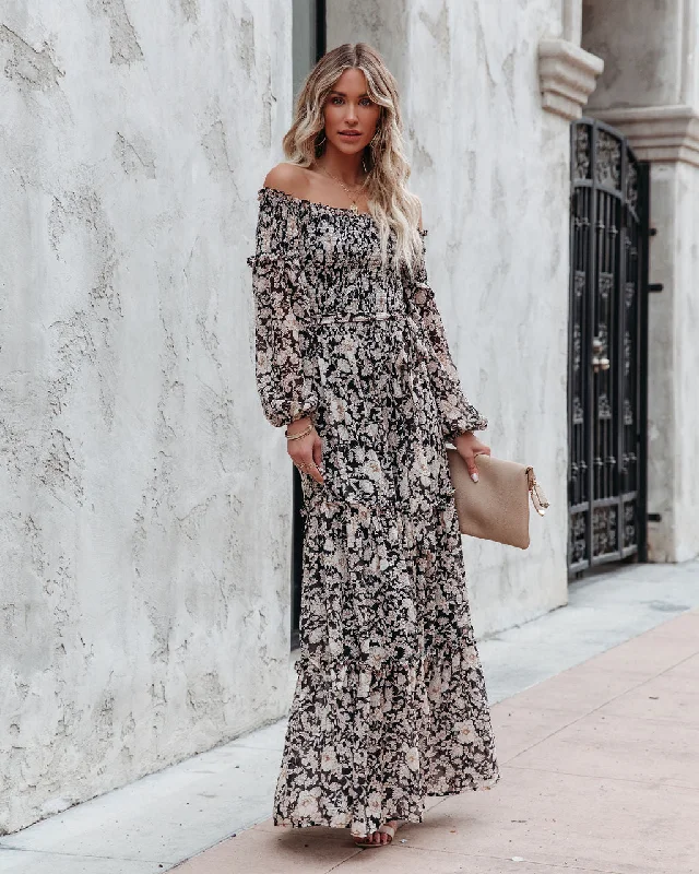 Alexandria Floral Smocked Off The Shoulder Maxi Dress Satin maxi dresses