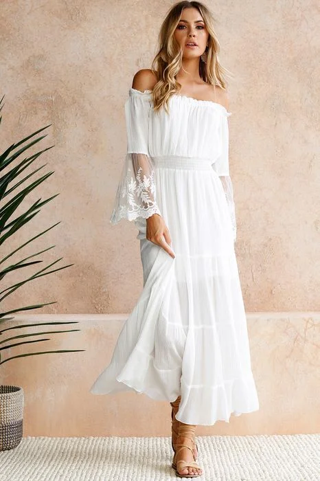 Allison Crochet Off The Shoulder Maxi Dress - Ivory Luxury maxi dresses