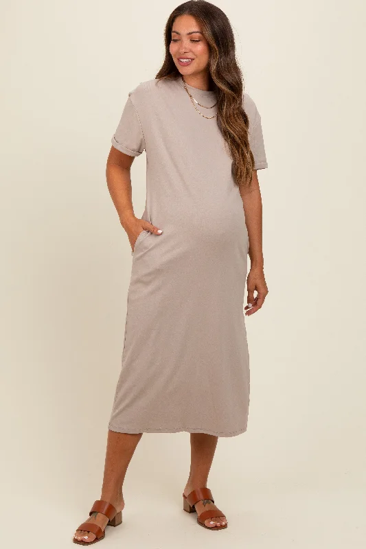 Beige Basic Side Slit Maternity Midi Dress Chiffon midi dresses