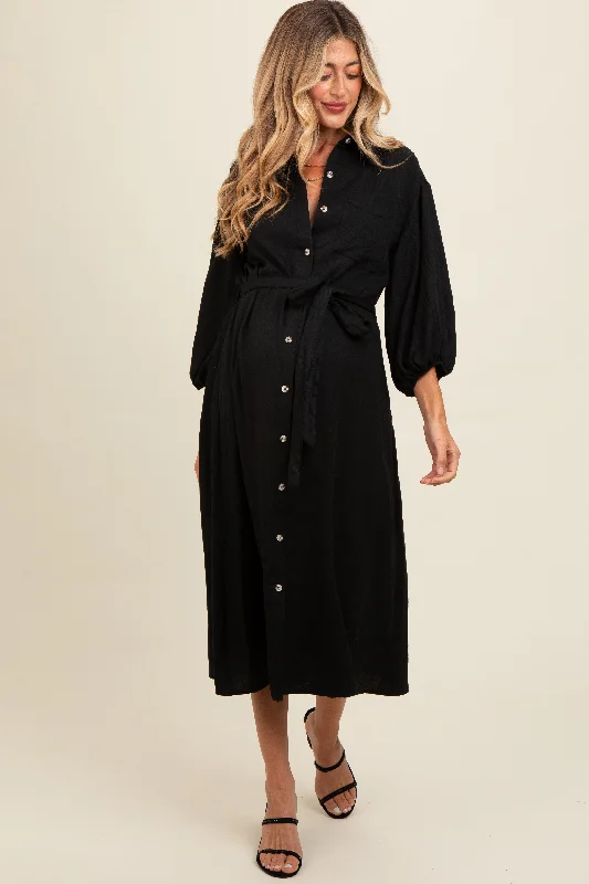 Black Button Down Maternity Midi Dress Velvet midi dresses