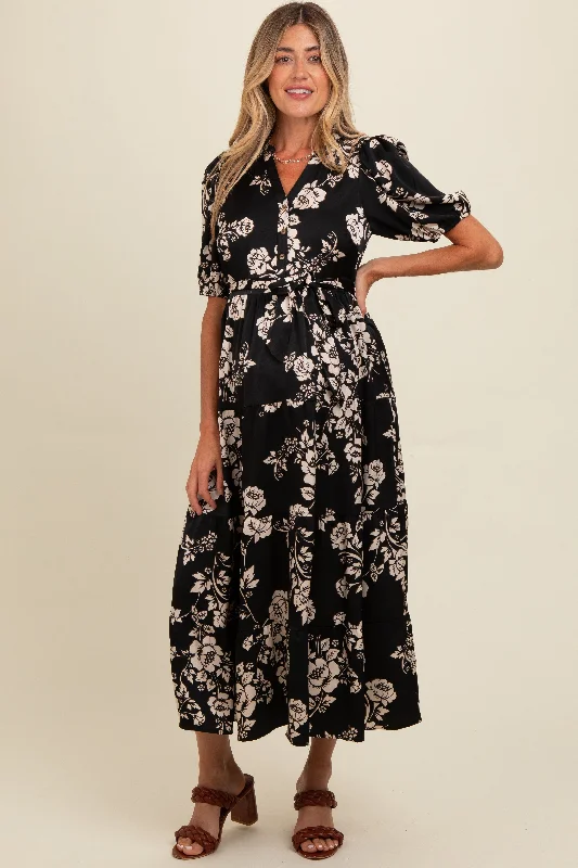 Black Floral Button Down Front Tie Maternity Midi Dress New Year's Eve midi dresses