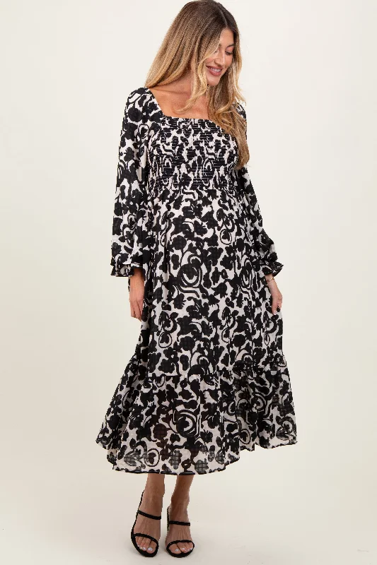 Black Floral Damask Print Smocked Maternity Midi Dress Off-shoulder midi dresses