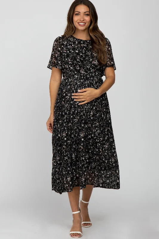 Black Floral Pleated Short Sleeve Chiffon Maternity Midi Dress Cute floral print midi dresses