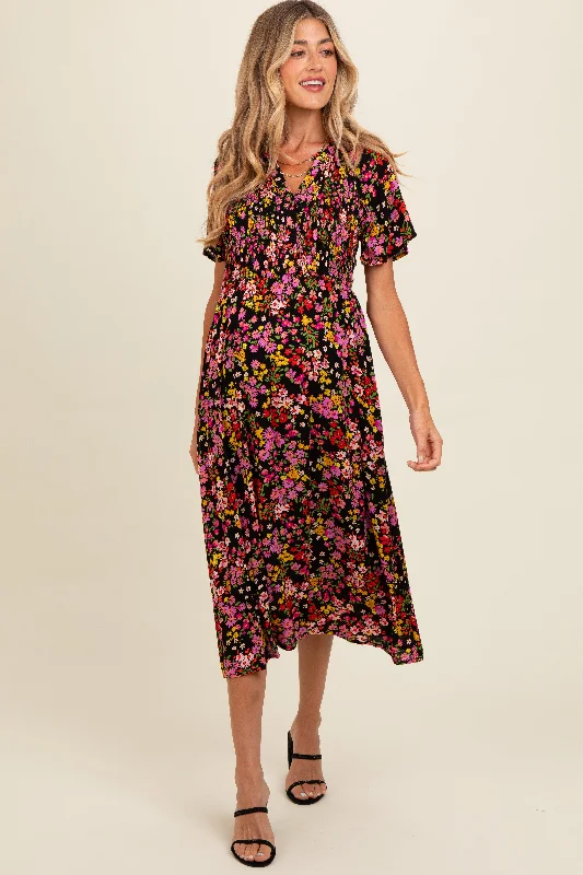 Black Floral Smocked Button Up Maternity Midi Dress Best midi dresses for elegant looks