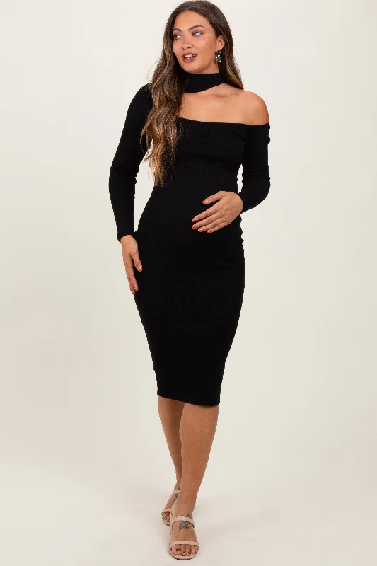 Black Mock Neck Cutout Maternity Fitted Midi Dress Best midi dresses for casual wear