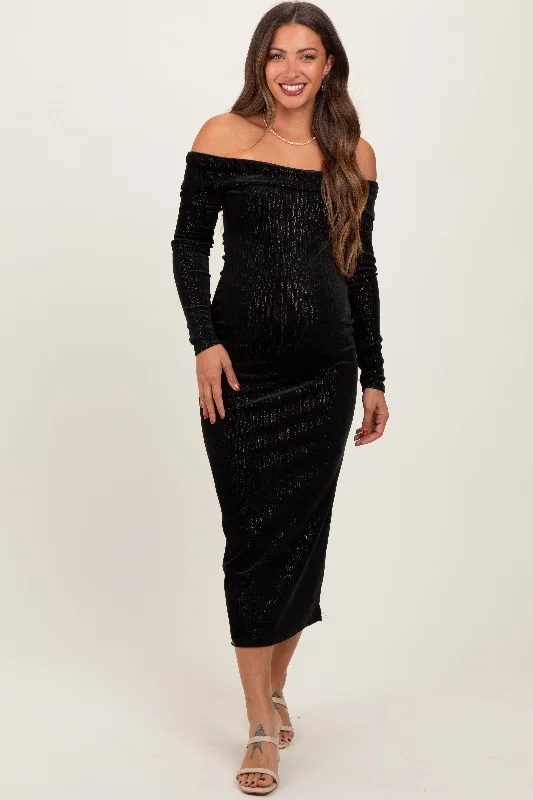 Black Shiny Velour Off Shoulder Maternity Midi Dress Best midi dresses for casual wear