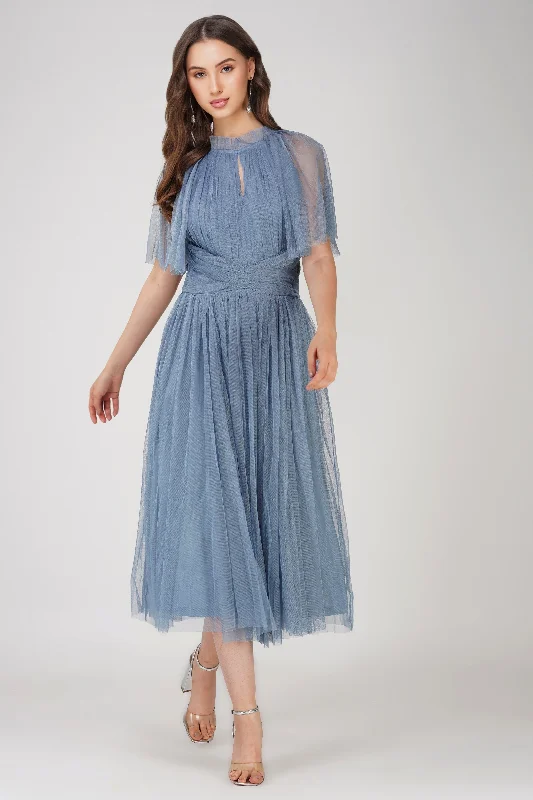 Cristiane Dusty Blue Tulle Midi Dress Summer party midi dresses