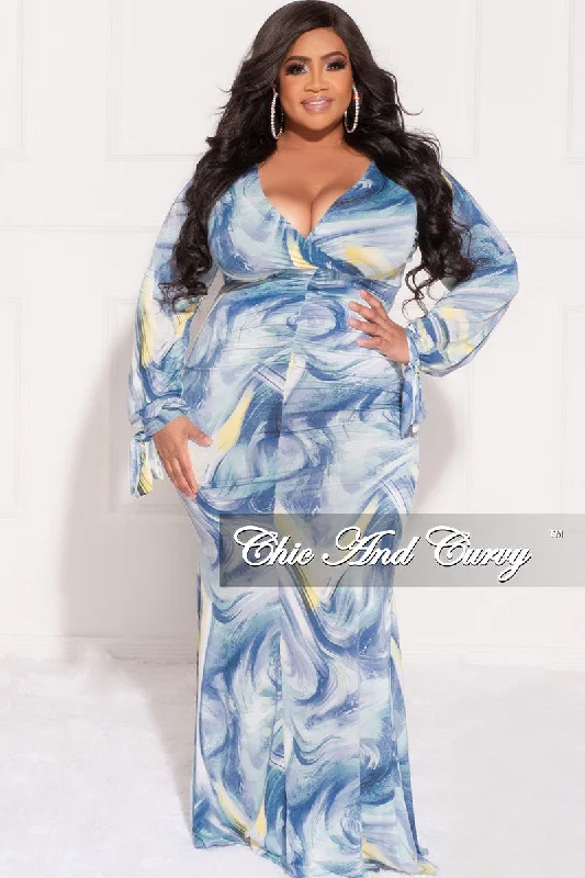 Final Sale Plus Size Faux Wrap Maxi Dress with Waist Tie in Blue and Green Design Print Expensive maxi dresses