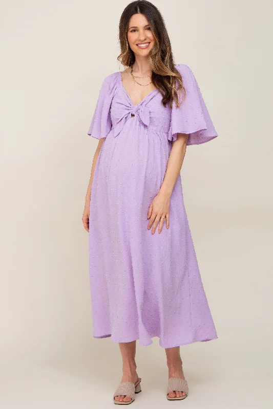 Lavender Textured Dot Front Tie Ruffle Sleeve Maternity Midi Dress Sexy little black midi dresses