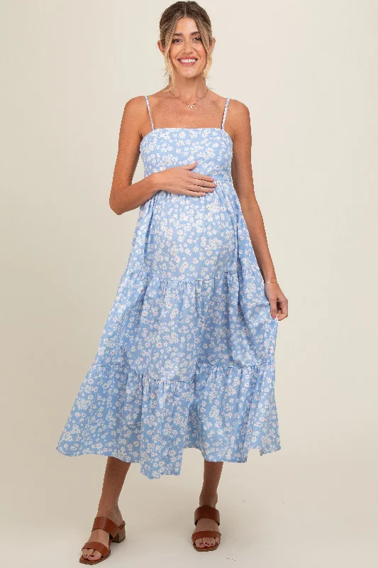 Light Blue Floral Cutout Tie Back Maternity Midi Dress Party midi dresses