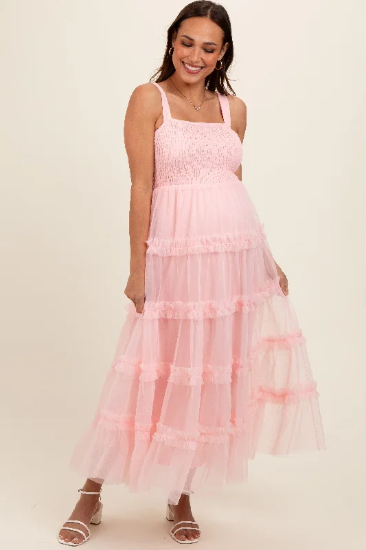 Light Pink Smocked Ruffle Tiered Tulle Maternity Midi Dress Luxury midi dresses