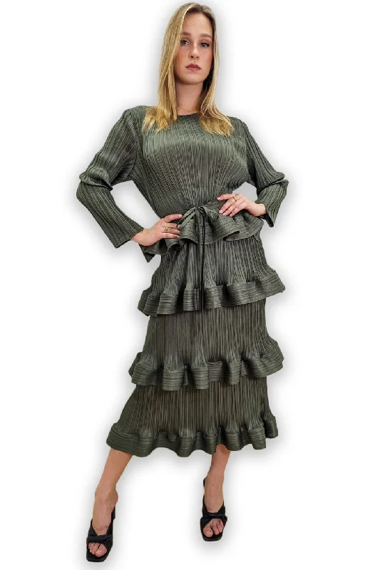 Long Sleeve Tiered Pleated Midi Dress Women's midi dresses