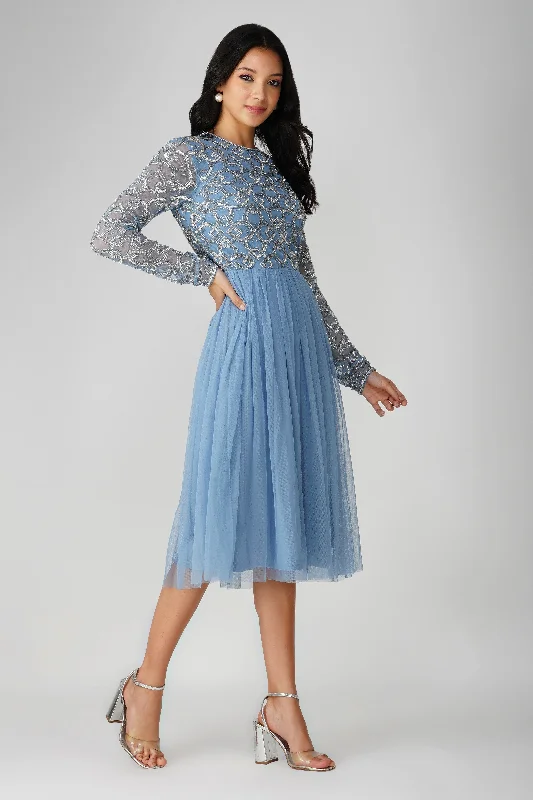 Mandarin Embellished Midi Dress in Powder Blue Clubbing midi dresses