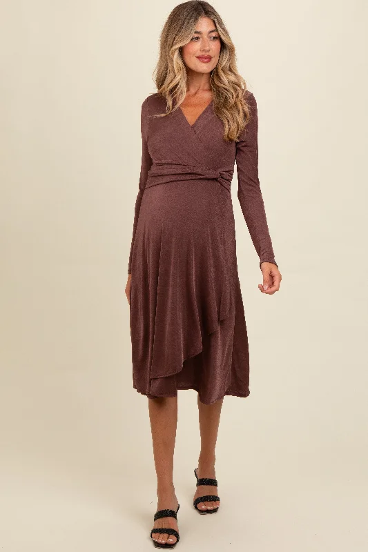 Mauve Metallic Twist Detail Wrap Maternity Midi Dress Long sleeve midi dresses