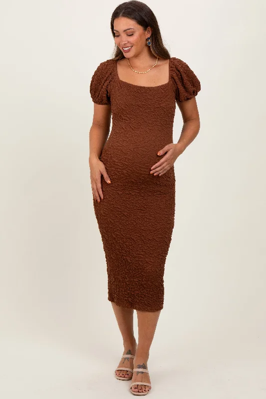 Mocha Textured Square Neck Puff Sleeve Maternity Midi Dress Flowy midi dresses