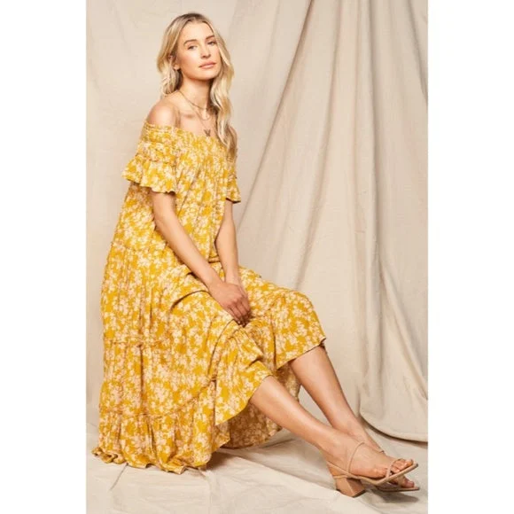 Moss Yellow Floral Flowly Bohemian Tiered Off The Shoulder Casual Midi Dress Best midi dresses for summer vacation