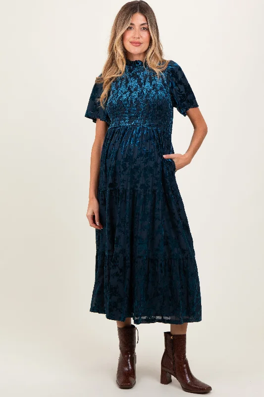 Navy Floral Velvet Print Smocked Maternity Midi Dress Women's midi dresses