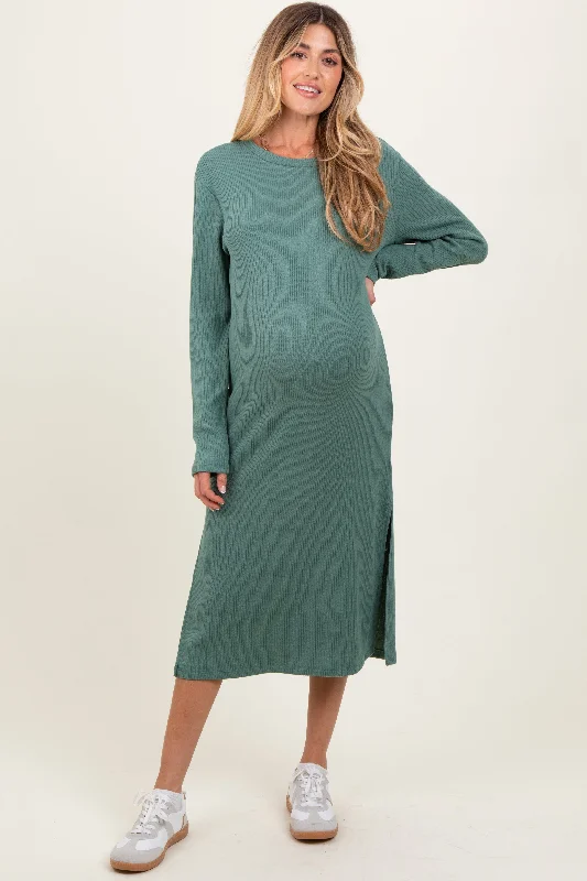 Olive Ribbed Knit Long Sleeve Side Slit Maternity Midi Dress Sequin midi dresses