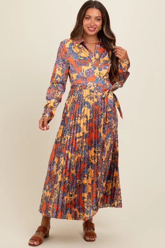 Orange Paisley Print Pleated Button Down Maternity Midi Dress Summer party midi dresses