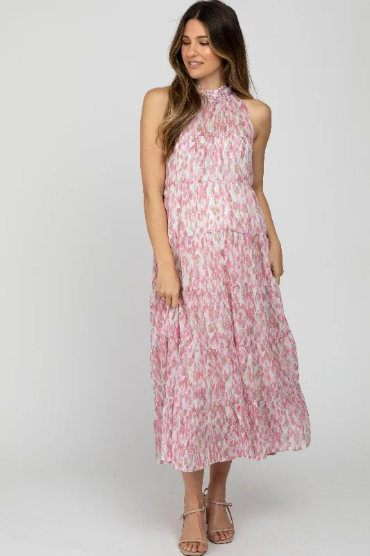 Pink Printed Sleeveless Tiered Maternity Midi Dress Off-shoulder midi dresses