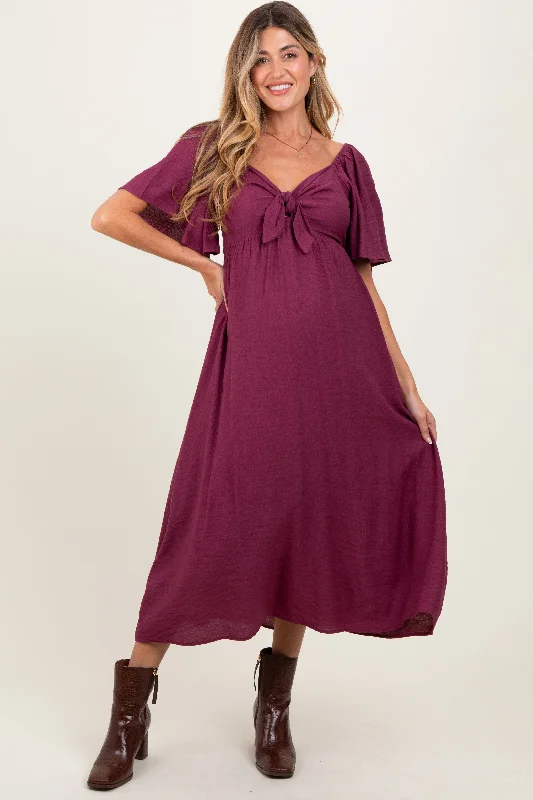 Plum Front Tie Ruffle Sleeve Maternity Midi Dress Date night midi dresses