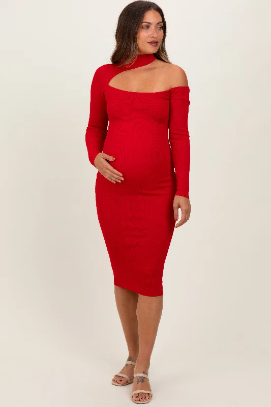 Red Mock Neck Cutout Maternity Fitted Midi Dress Sequin midi dresses