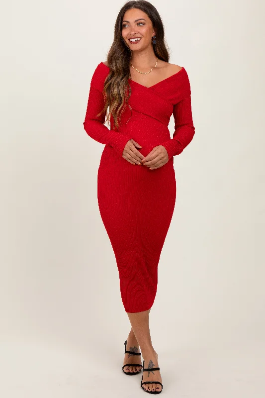 Red Ribbed Crossover Off Shoulder Maternity Midi Dress Forever 21 midi dresses