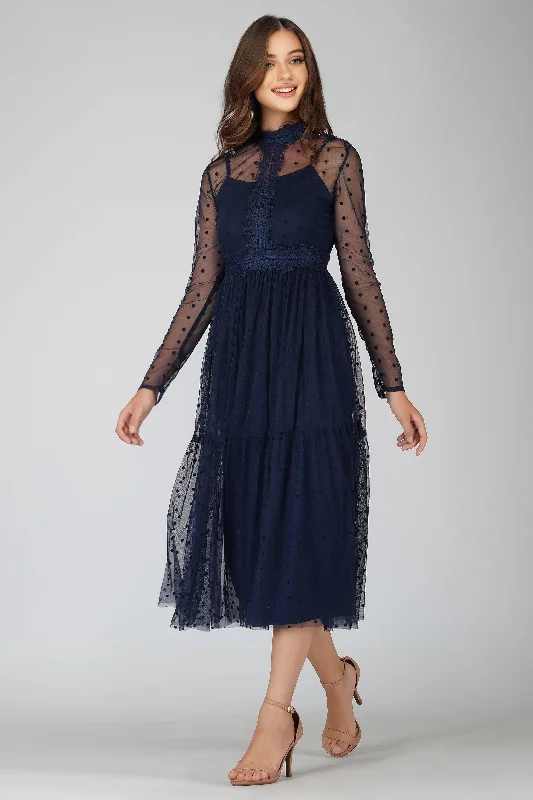 Roman Lola Polka Dot Midi Dress in Navy Blue Birthday midi dresses