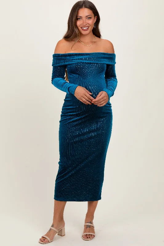 Teal Shiny Velour Off Shoulder Maternity Midi Dress Velvet midi dresses