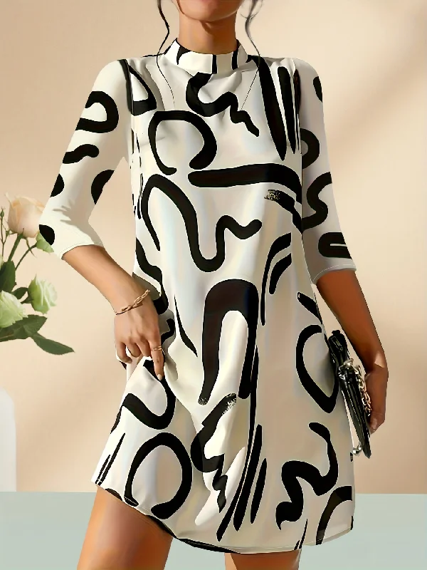 Abstract Print 3/4 Sleeve Dress, Casual Mock Neck Simple Dress Discounted floral dresses